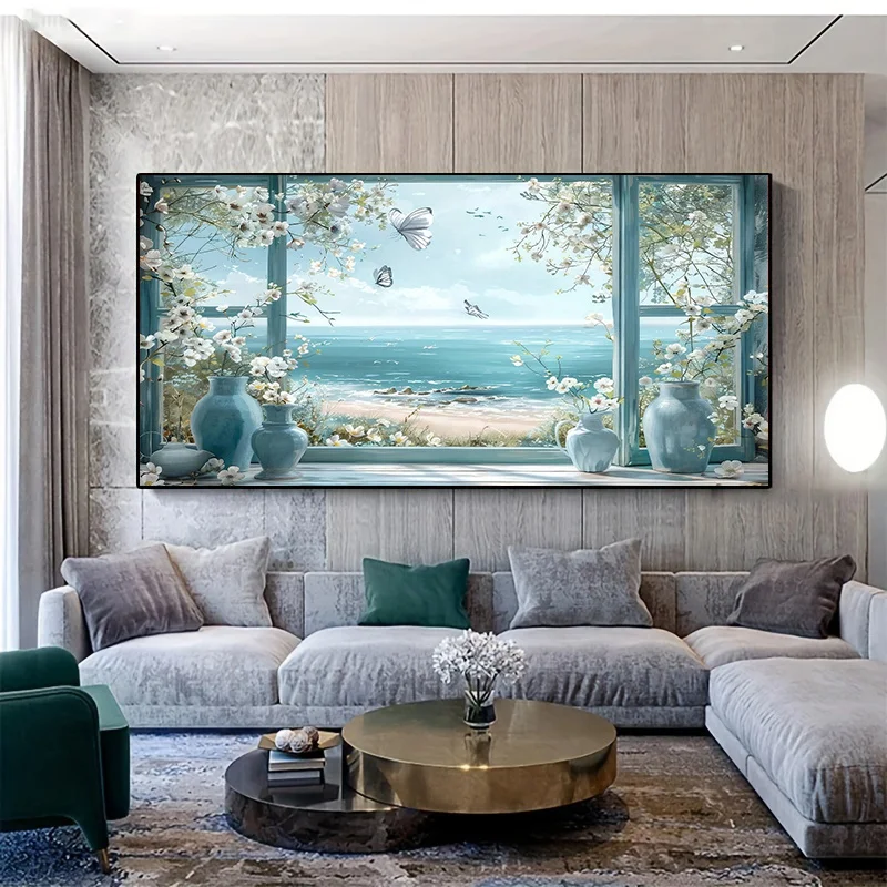 1pc Frameless Window Side Vase Scenery Print Art, Beach Butterfly Wall Decor for Living Room and Bedroom, Modern Canvas Poster