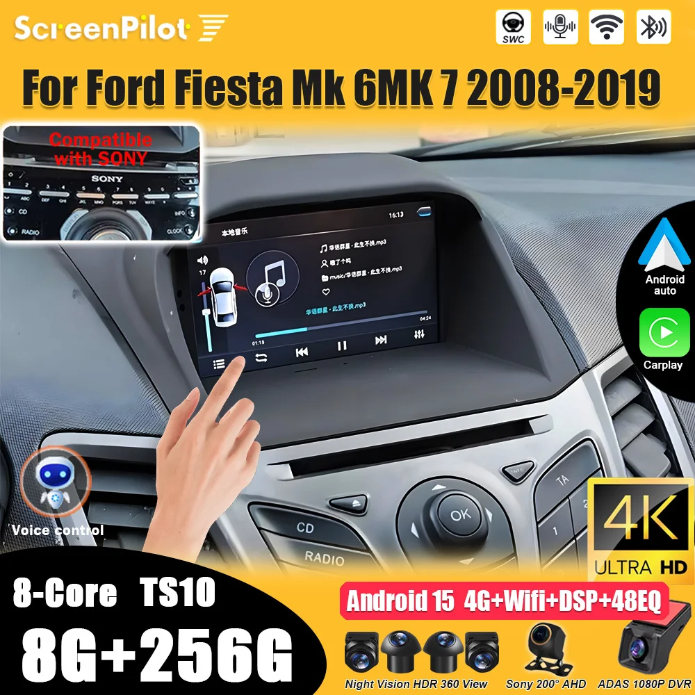 Android 16 For Ford Fiesta Mk 6 for Ford Fiesta Mk 7 2008- 2019 Multimedia Video Player 2 din Carplay Bluetooth Mirror Link