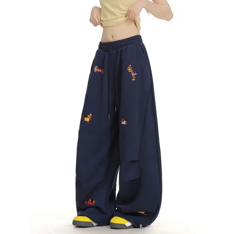 American Vintage Embroidered Sweatpants Women Cute Puppy Hiphop Wide Leg Pants High Waisted Jazz Dance Jogging Casual Trousers