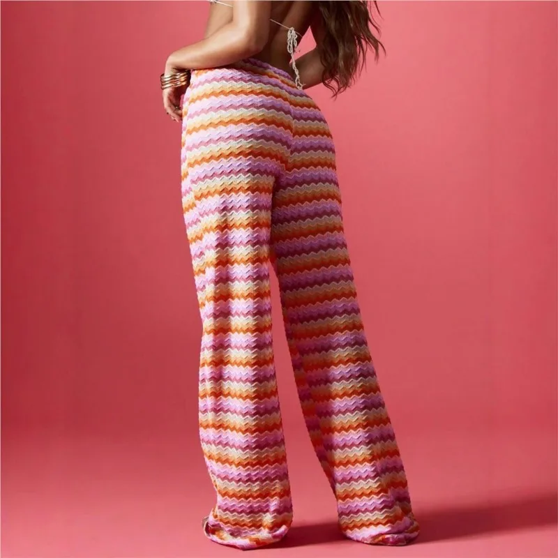 Fashion Boho Pants 2026 Summer Unique Paisley Design Colorful Stripes High-waist Wide-leg Pants Perfect for Vacation Beach Wear