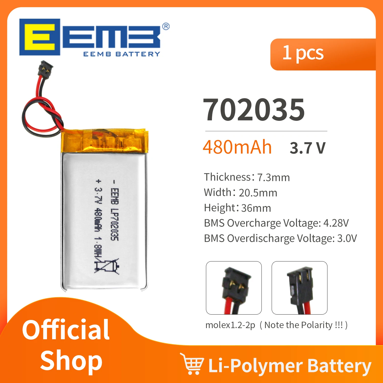 EEMB 702035 3.7V Battery 480mAh Rechargeable Lithium Polymer Battery Pack For Dashcam,Flashlight,Bluetooth Speaker, GPS,Camera