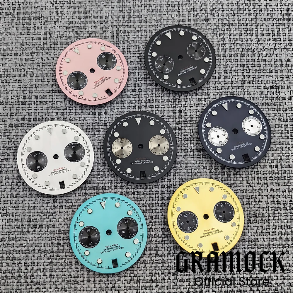 30mm Black Pink Blue White VK64 Watch Dial Wit Green Luminous Fit For VK64 Quartz Chronograph Movement 6 O \'clock Date Window