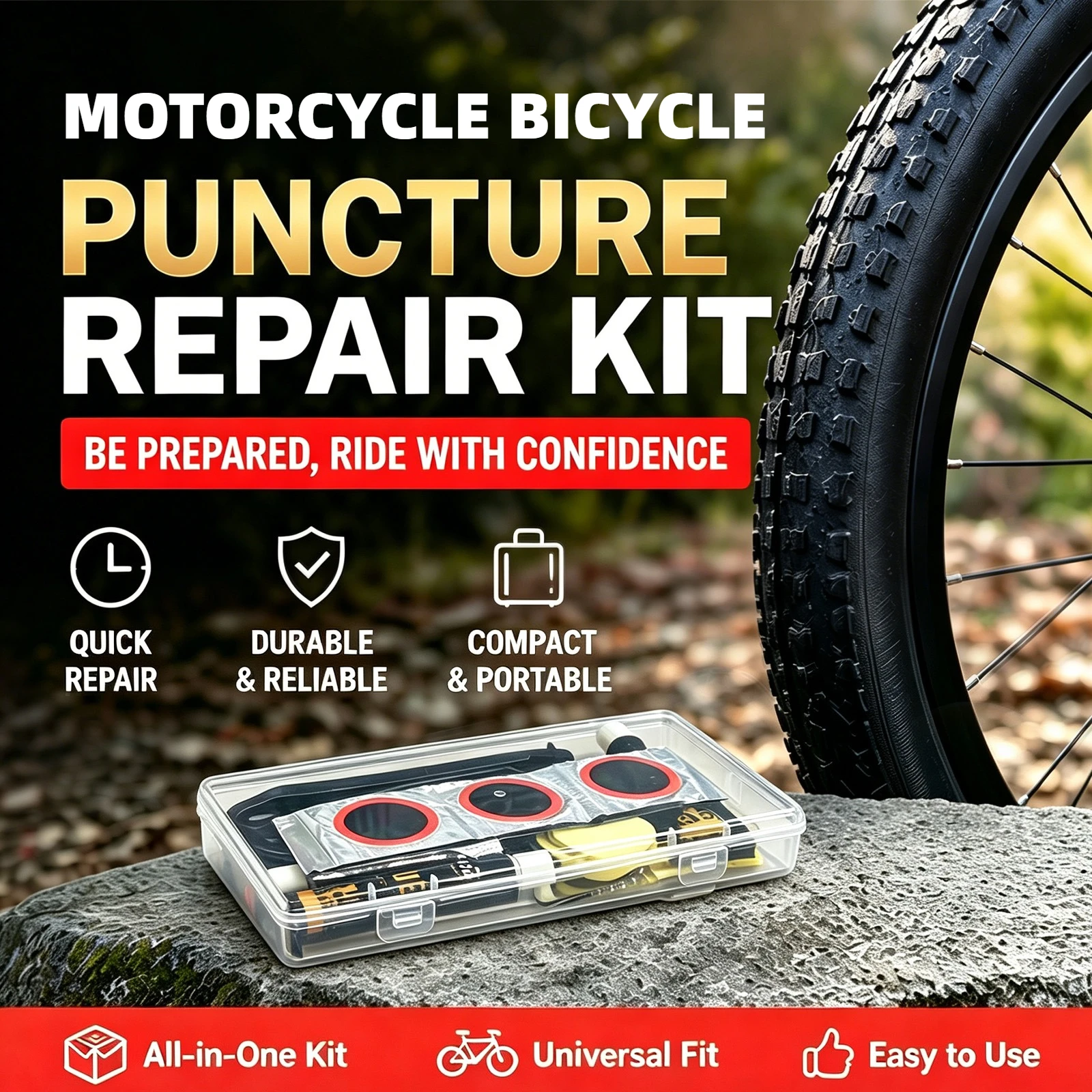 Roadside Motorbike Tire Flat Fix Set Round Square Patches Levers Rasp Valve Cores Portable Clear Case Scooter Motorcycle Ride