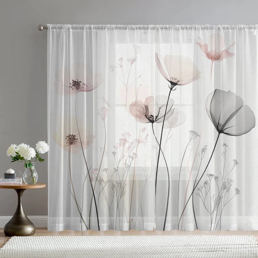 2Pcs Pink Gray Transparent Large Floral Print Home Decoration Window Screens, Suitable For Coffee Shops, Restaurants, Bedrooms