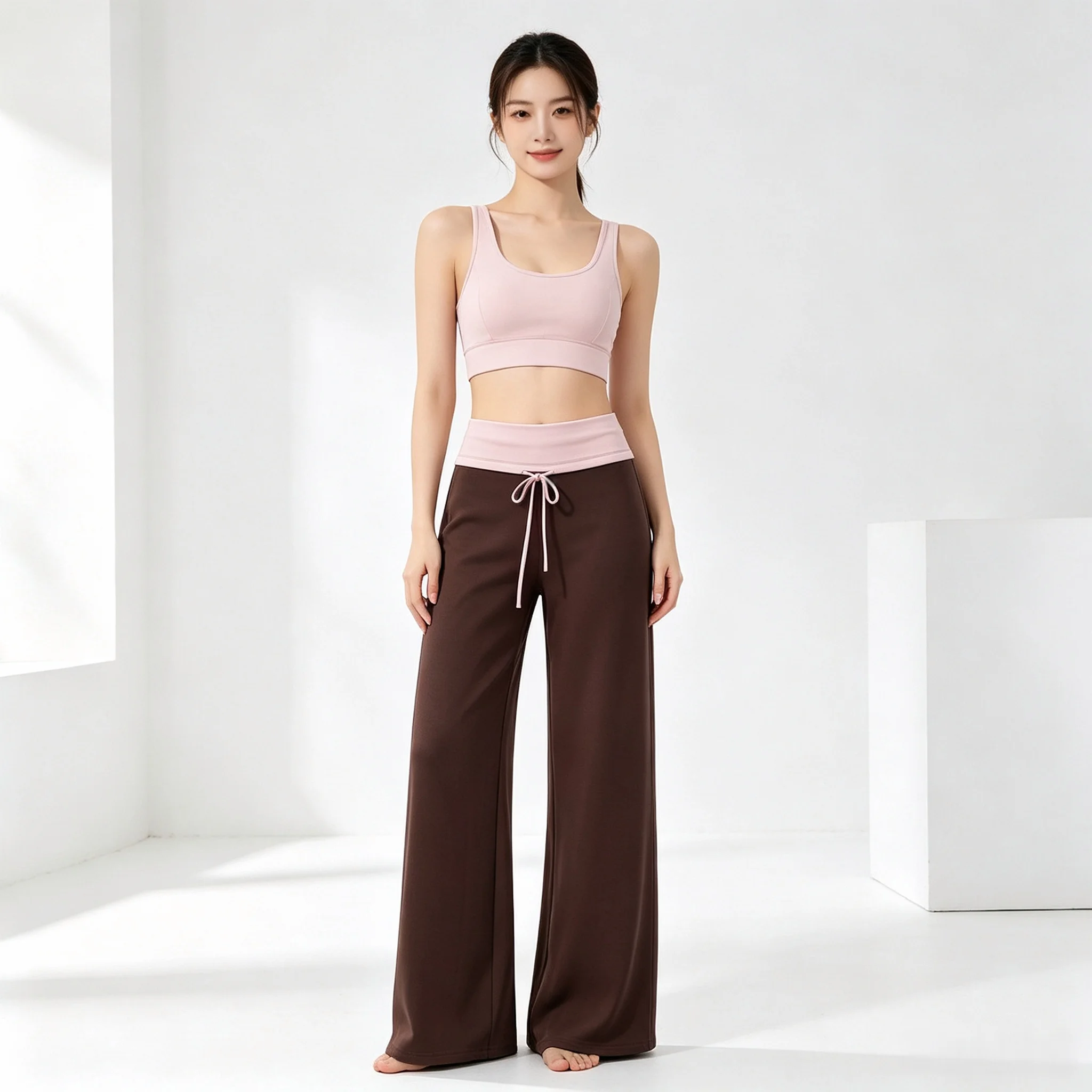 Damen-Freizeit-Sweatpants mit weitem Bein, umlegbarem Bund, ausgestelltem Schnitt, Yoga-Lounge-Hose, Pilates, Outdoor-Sport, Training, genähte Leggings – Detail 13