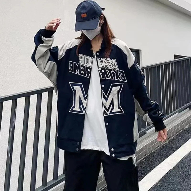 

Motorcycle Jacket Embroidery Jacket Retro Street High Street Heavy Industry Racing Retro Color Block Letters Chic Loose Coat New