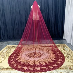 One Tier Wine Red Bride Veil Lace with Sequins Cathedral Veil Wedding Accessories Metal Comb