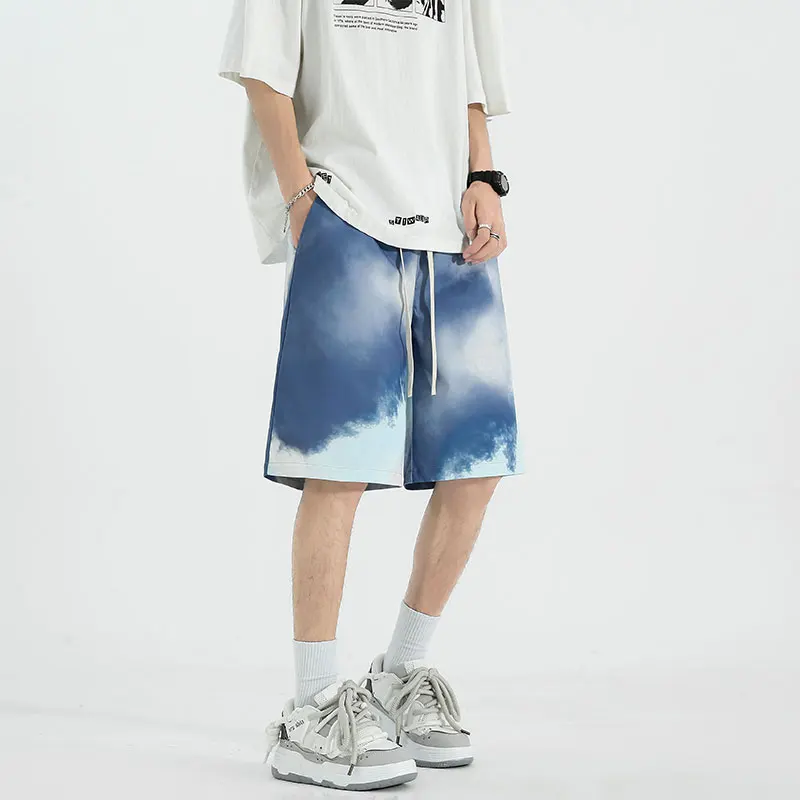 Minimalist Trendy Summer New Printed Pockets Men\'s Elastic Waist Drawstring Fashion Versatile Loose Straight Knee Length Shorts