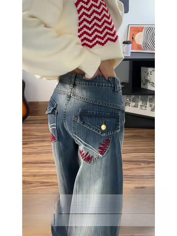 

Ретро-джинсы прямого кроя с вышивкой, расклешенные, женские, осенне-зимние, новые, свободные, драпированные, длинные брюки