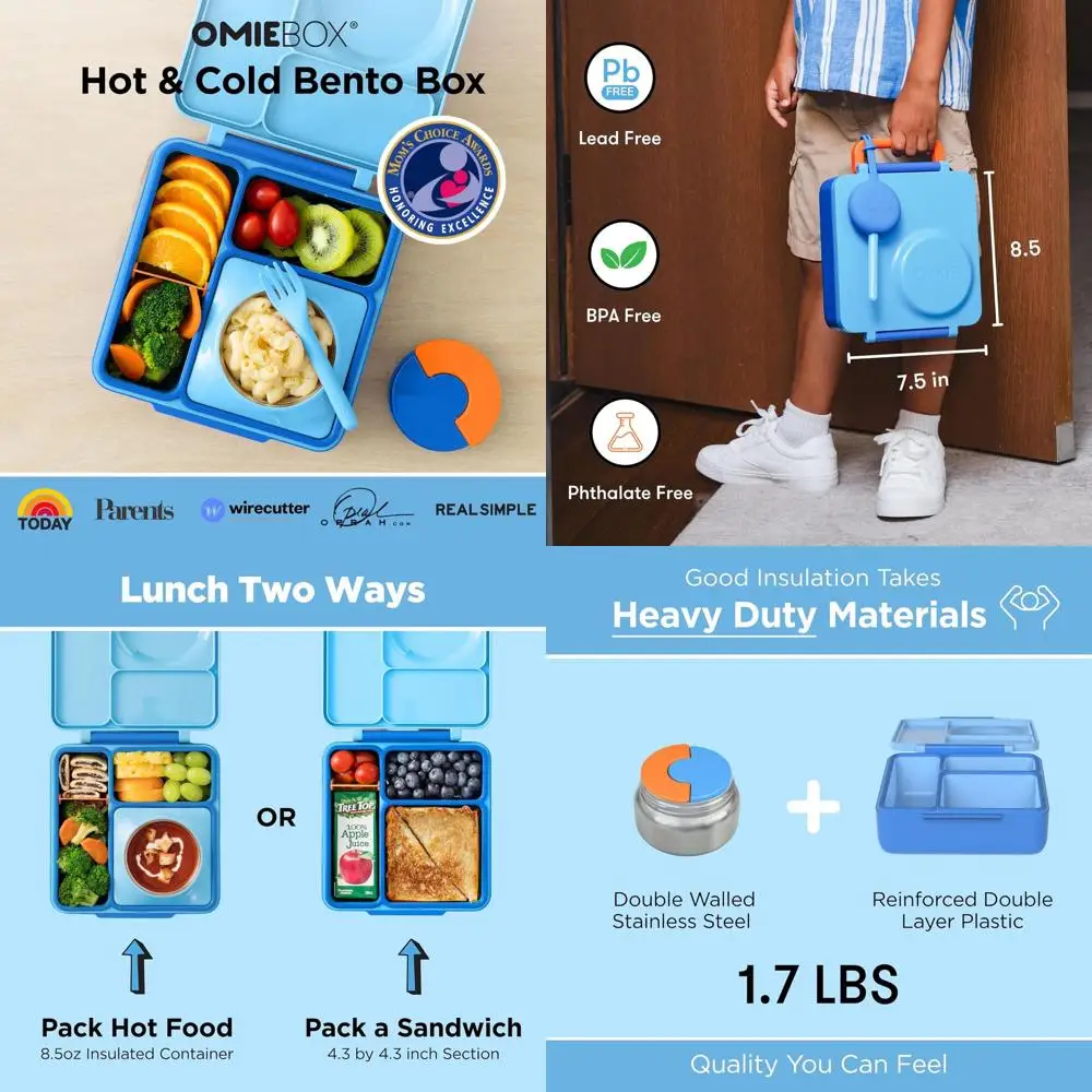 

Изолированный ланч-бокс для детей с герметичным контейнером для еды, 3 отделения, две температурные зоны - Синий небесный