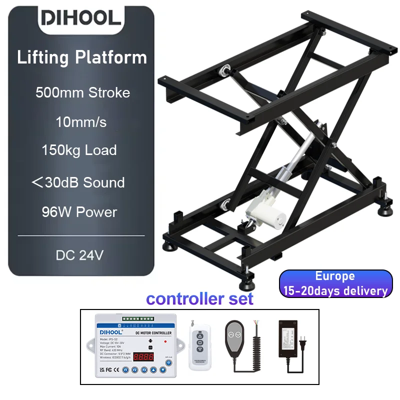 1500N DC24V Electric Lifting Platform 500mm Stroke 10mm/s 150KG Load Remote Control Low Noise 2-Layers Scissor Lift Table