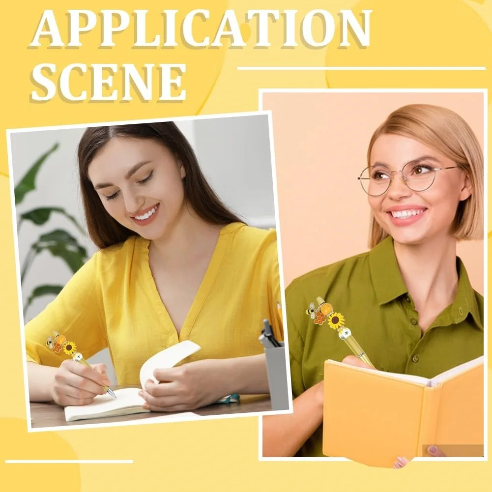 6 قطعة عباد الشمس الربيعي تحت عنوان DIY بها بنفسك حبة قلم حبر جاف ومجموعة الخرز الخشبي ، مع قلادة سبيكة فراشة النحل ، إمدادات المكتب والدراسة