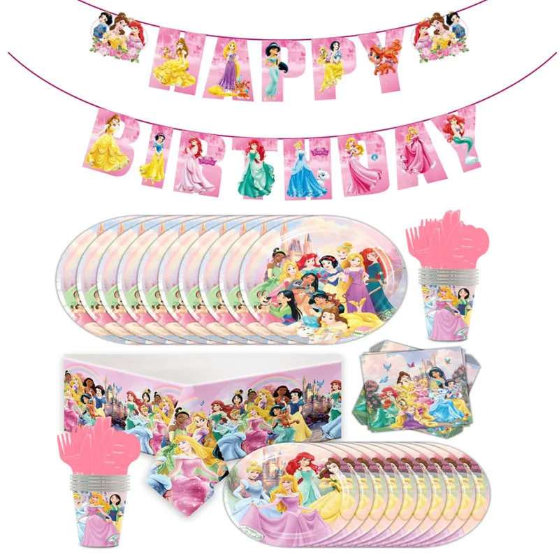 Cute Princess Birthday Party set dinnerware Banner Cake Disposable Topper Hanging Flag Cinderella Balloons Birthday Decoration