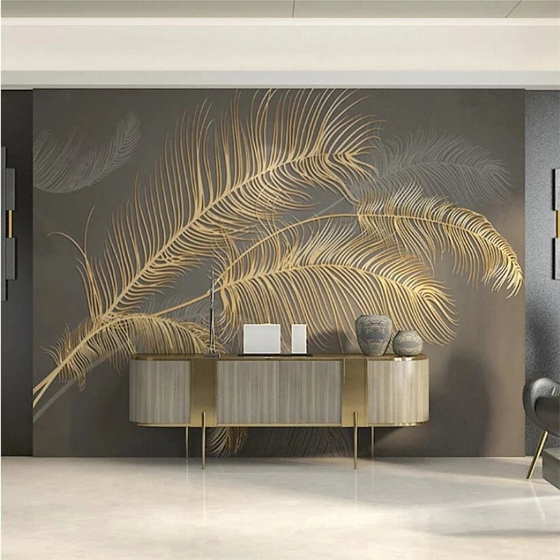 Customized mural 3D wallpaper popular Nordic light luxury feather gold embossed line bedroom Living room sofa TV background wall