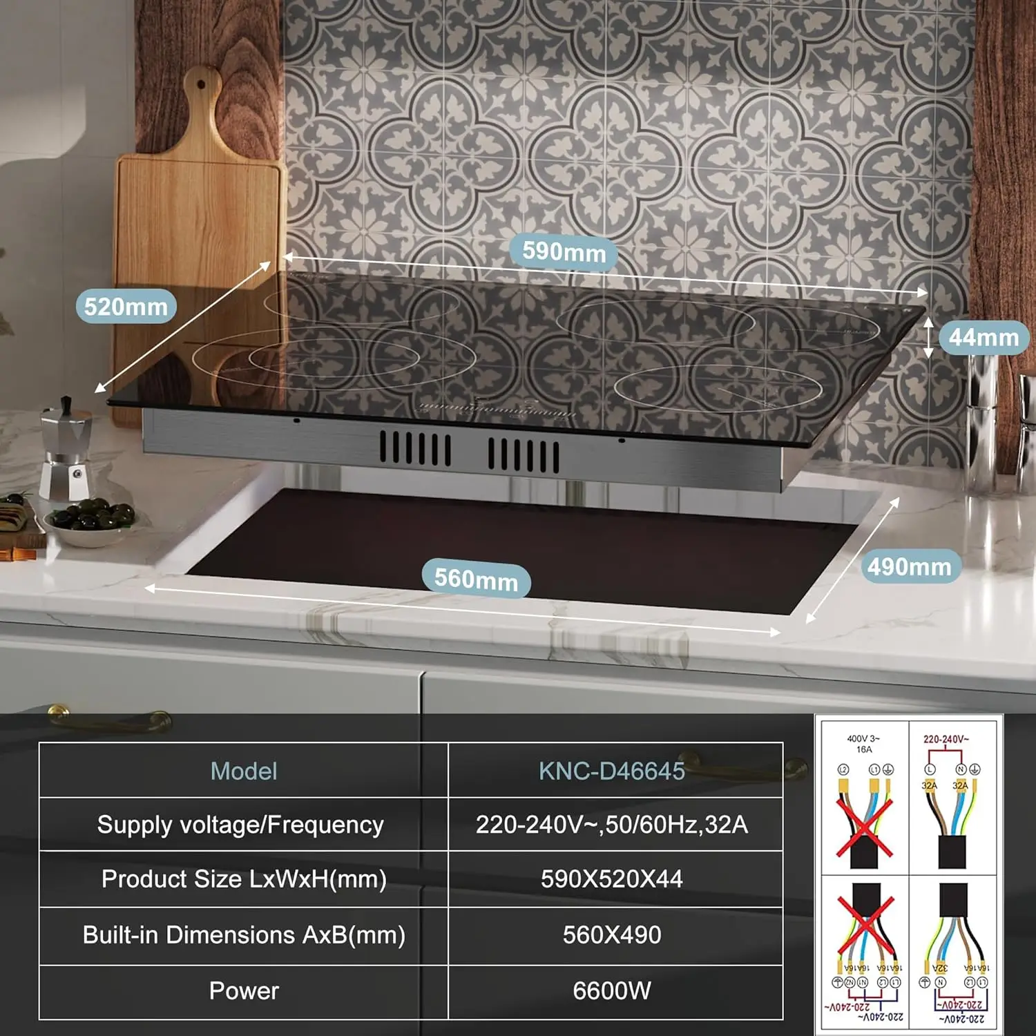 مسطح سيراميك كارينير 4 مناطق 60 سم مدمج، منطقة بيضاوية قابلة للتوسيع، تحكم منزلق، قفل أمان، مؤقت، بدون قابس، سلكي صلب #2