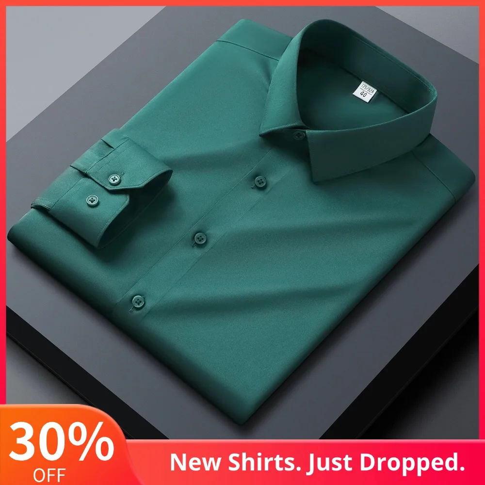 

Мужские гладкие эластичные формальные классические рубашки с длинными рукавами без кармана, приятные для кожи, без морщин, деловая мужская одежда