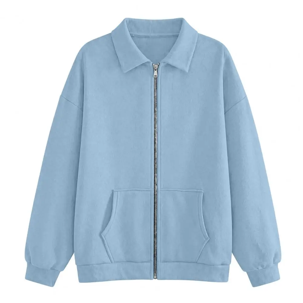 Full Zip Pocket Jacket Men Women Fall Winter Zip-up Jacket Solid Color Long Sleeve Coat with Pockets Loose Fit for Outdoors