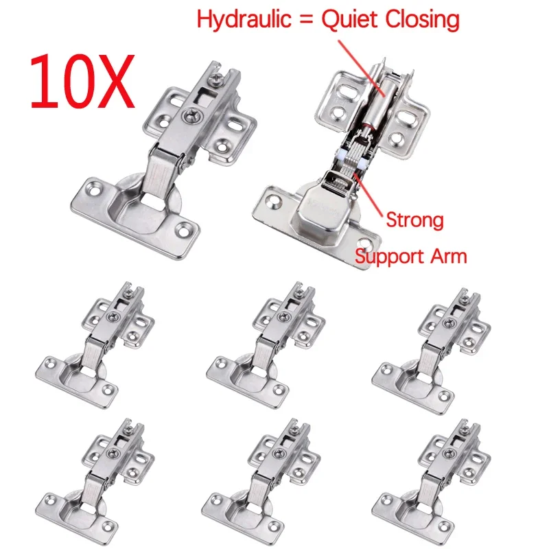 10 Piece Hinges Stainless Steel Hydraulic Cabinet Door Hinge Damper Buffer Soft Quiet Closing for all Kitchen Cupboard Furniture