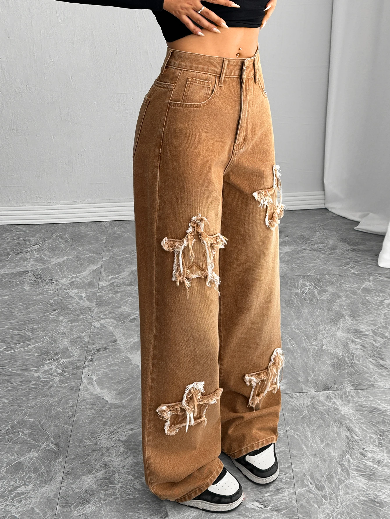 سلسلة ألوان موراد على طراز الشارع الأمريكي المطرز على شكل نجمة مرقعة ومغسولة بالماء فضفاضة تناسب السراويل المستقيمة من قماش الدنيم، #3