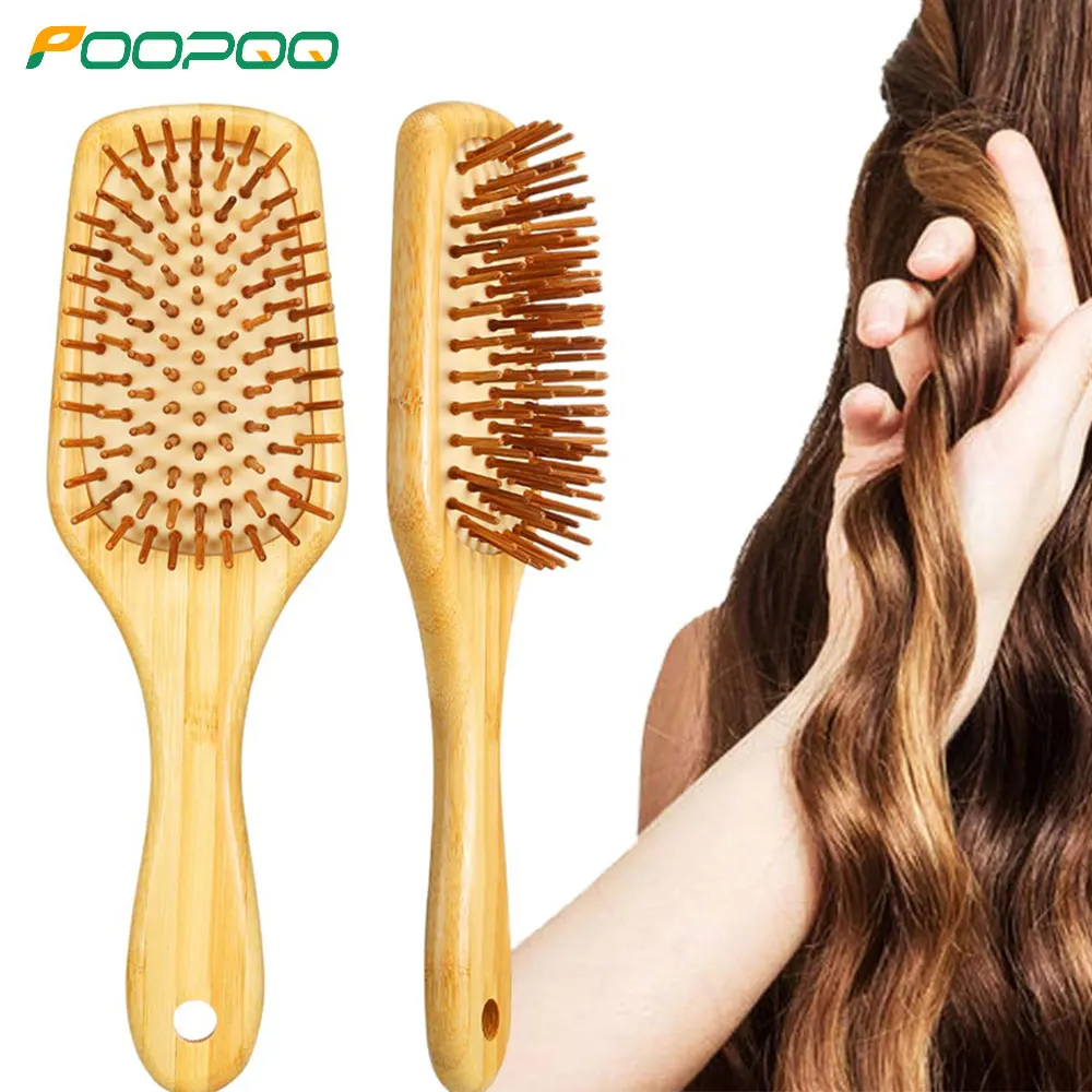 Cepillo de pelo de paleta de bambú con cerdas de bambú para masajear el cuero cabelludo, mujeres y hombres, cabello liso, rizado, ondulado, seco, mojado, grueso o fino