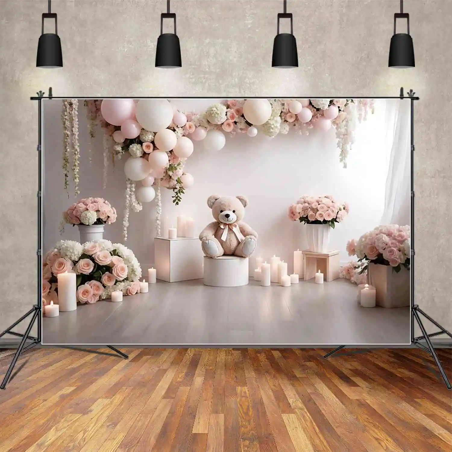 MOON.QG Flower Balloon Teddy Bear Birthday 1 Year Backdrop Girls Garland Floral Indoor Backgrounds Custom Party Photozone Props