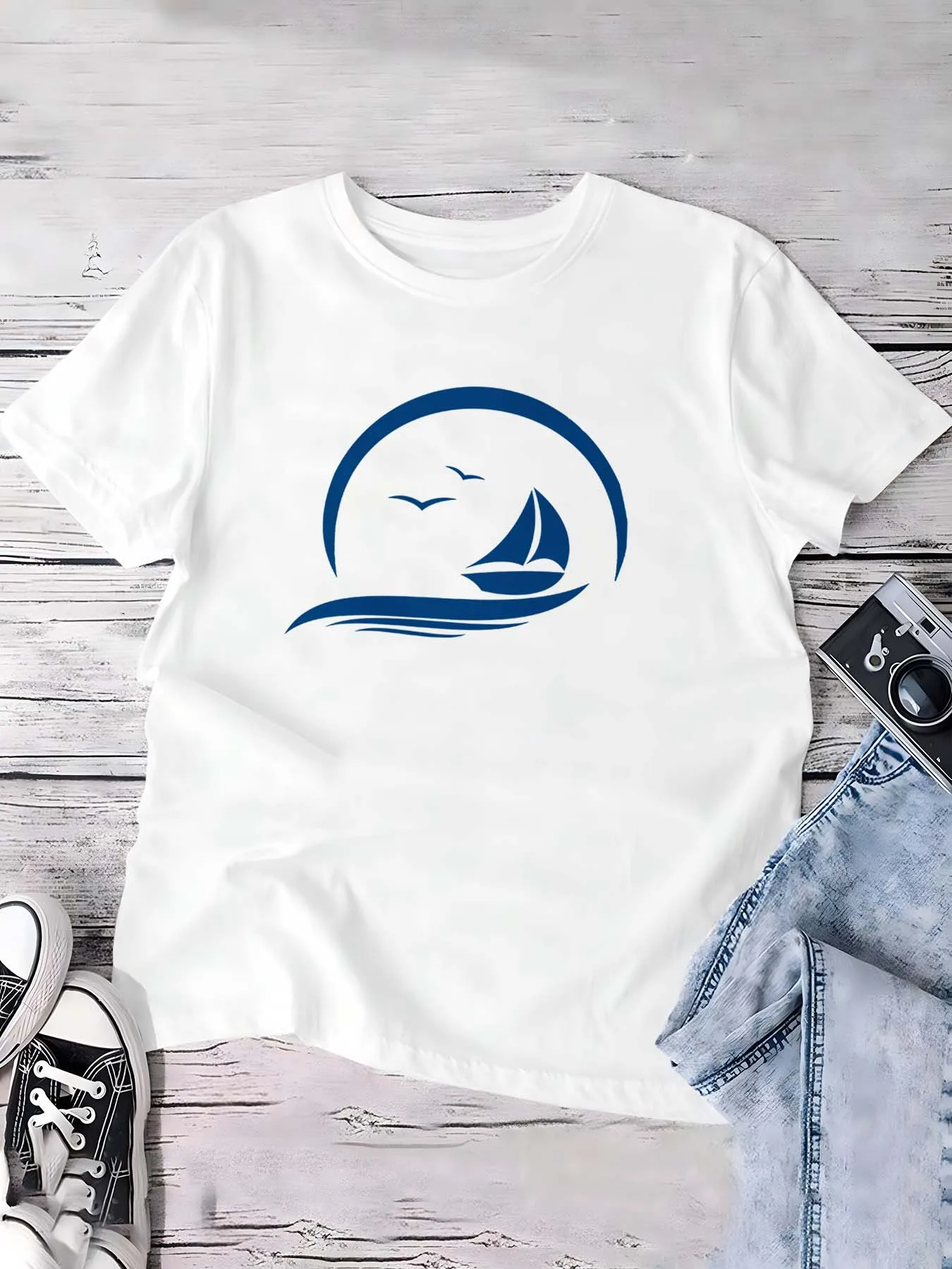 

Plus Size Seaside Sail And Seagull Fashion Line Chic Garments Blending Nautical Charm And Refined Aesthetics