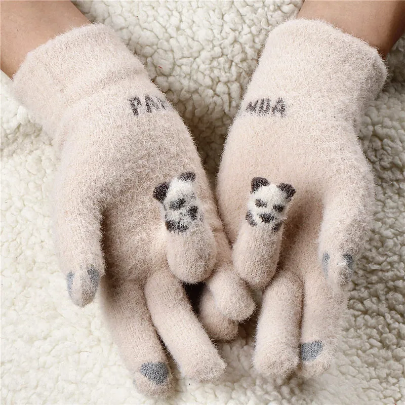 Luvas de malha femininas luvas espessadas panda dedo tela sensível ao toque luvas de ciclismo da moda inverno quente novo estilo