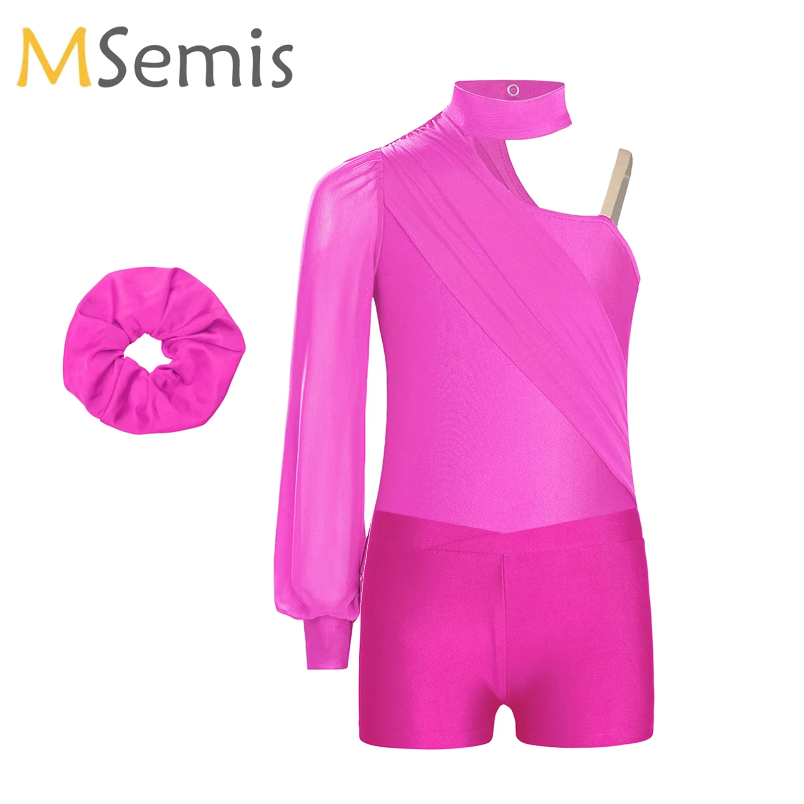 

Kids Girls Gymnastics Figure Skating Ballet Jersey Dance Leotard Costume One Shoulder Overlay Bodysuit with Shorts and Hairband