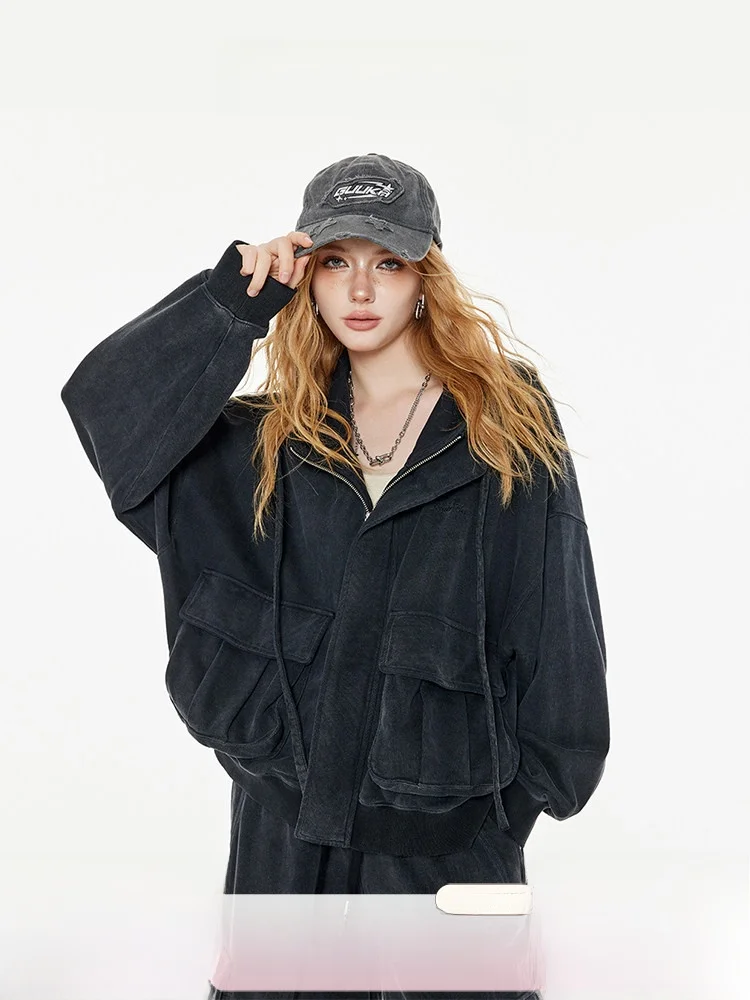 Guukahero Thickened Oversize Hoodie Women's Sweatshirt Warm Retro Black Coat Long Sleeve Zipper Closure  Color Commute S...