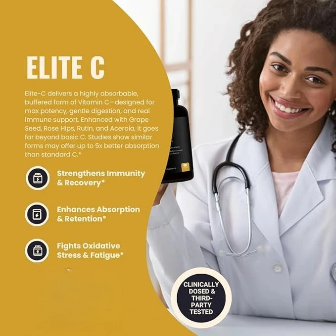 Elite-C – 1000mg of Pure, Non-Acidic Vitamin C – High-Absorption, Rosehip, Rutin, Acerola – Non-GMO, 60 Capsules