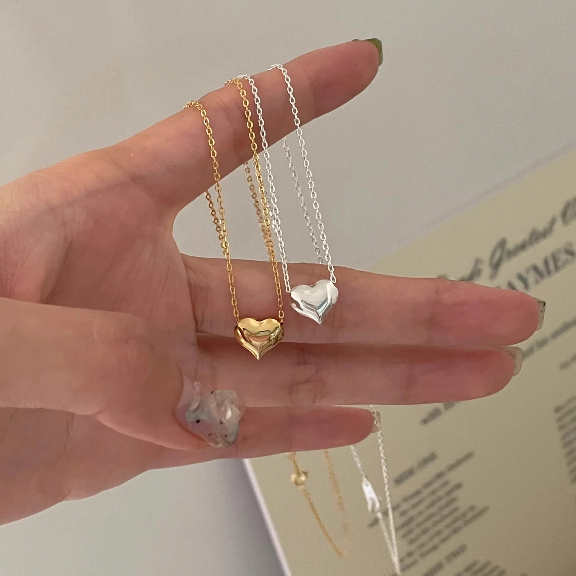 

925 Sterling Silver Necklace Simple Golden Polished Heart Love Punk Geometric for Women Girl Jewelry Gift Dropshipping Wholesale