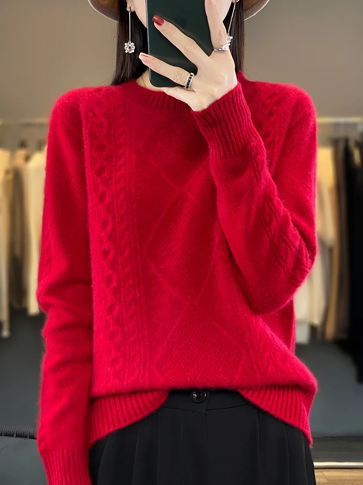 Autumn Winter  Women Sweater Twist Flower O- Neck Pullover 100% Merino Wool Soft Warm Casual Cashmere Knitwear Korean Top