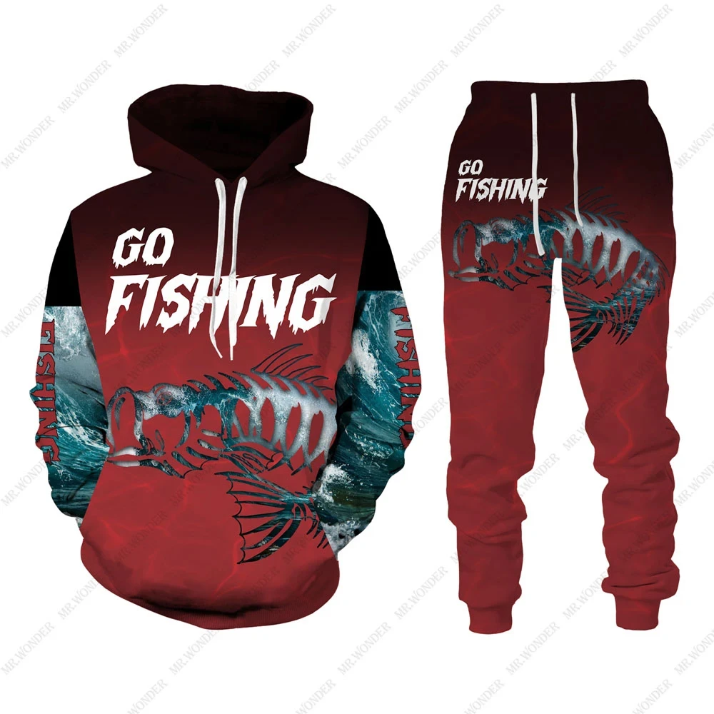 Go Fishing 3D Print Men's Tracksuit Sets Casual Hoodie + Pants 2pcs Sets Animal Fish Hunting Camo Hoodie Sets Trend Men Clothing