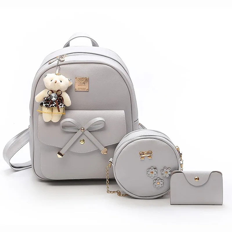 Korean Fashion Women\'s Bags PU Bow Composite Bag Young Girl Student Cute Shoulders Backpack Crossbody Bag Coin Purse 3pcs Set