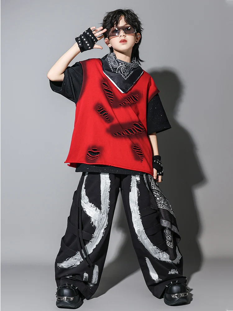 Summer Boys Jazz Dance Costume Hip Hop Locking Performance Clothing Fashion Red Hole Vest Baggy Pants Teenager Street Suit 16320