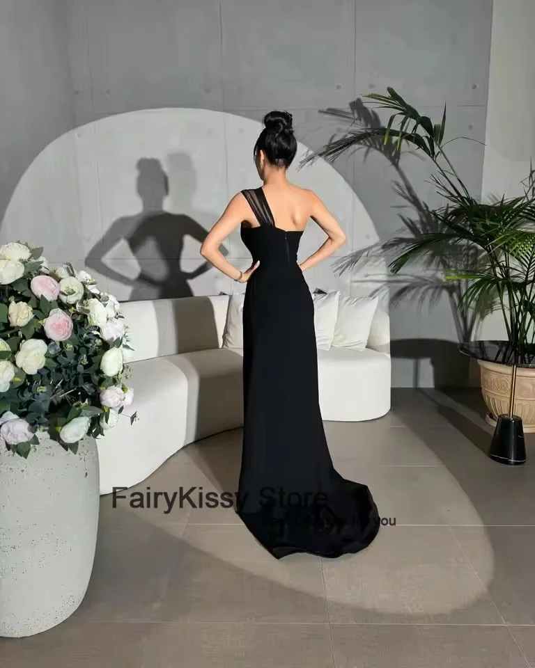 FairyKissy Elegantes Saudi-Arabien One-Shoulder-Abschlussballkleid in Schwarz mit Perlen, Party-Abendkleid, bodenlang, Kleider für besondere Anlässe