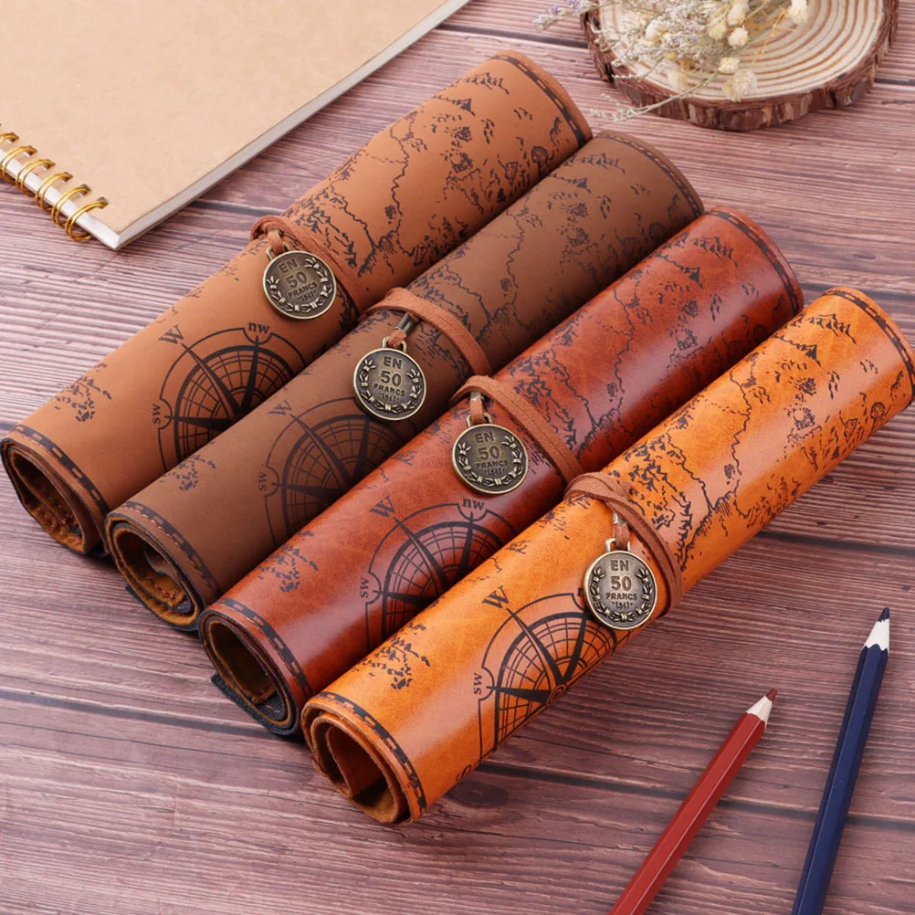 

2Pcs Portable Pen Organizer Retro-Looking Pencil Roll Wrap Synthetic Case for Students Artists Makeup Accessories