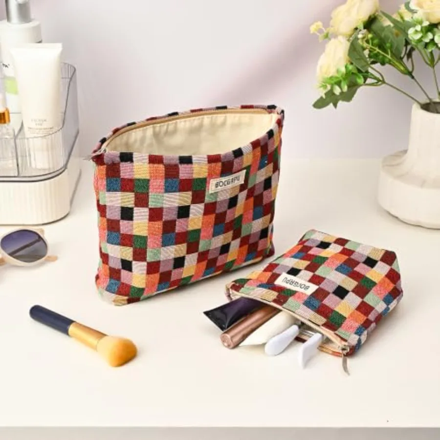 Makeup Bag Small Cute Cosmetic Bags for Women Checkered Travel Toiletry Bag for Purse, Large Canvas Cosmetic Pouch Makeup Organ
