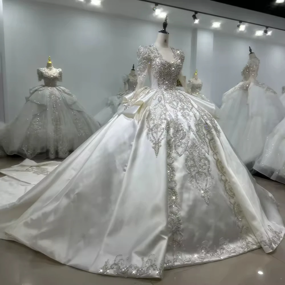 فستان زفاف من Fساتين اعراس نسائي بأكمام طويلة مع رسن وأربطة وفتحة خلفية مطرزة بالخرز فستان زفاف مخصص