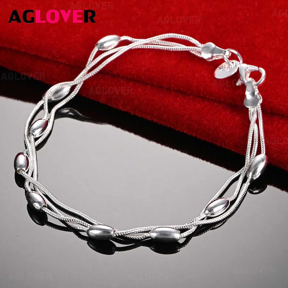 

AGLOVER 925 Sterling Silver Three Snake Chain Smooth Oval Bead Chain Bracelet Woman Fashion Wedding Party Jewelry