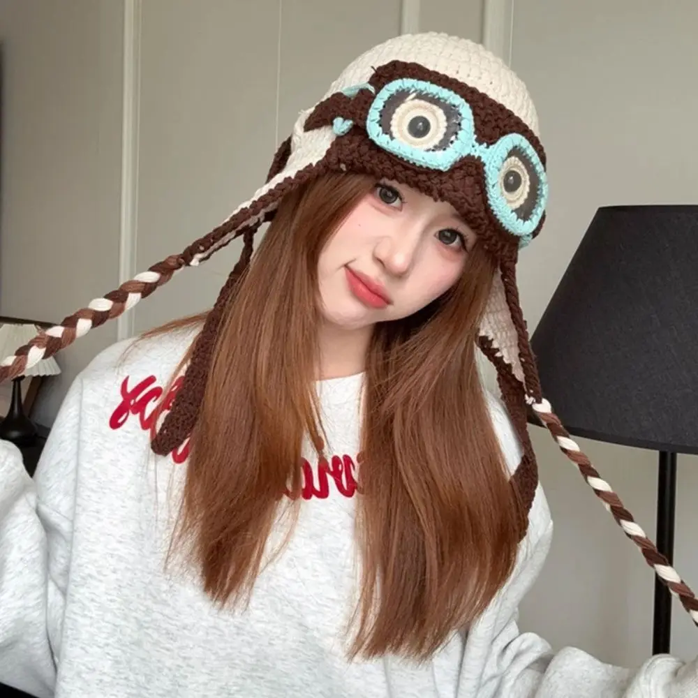 Soft Windproof Winter Pilot Hat With Goggles Crocheted Beanie Lei Feng Hat Warm Ear Protection Knitted Beanie Biking