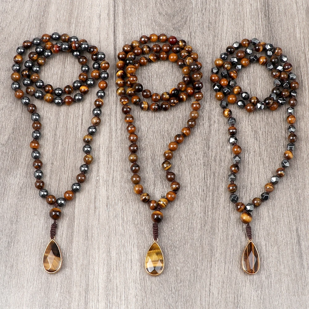 8mm Tiger Eye Stone Necklace Drop Pendant Handmade Knotted Irregular Hematite Beaded Necklaces Health Protection Mala Jewelry