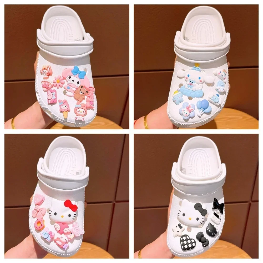 คลาสสิก LED การ์ตูนรองเท้า Kawaii Cinnamoroll Melody Kuromi Kitty DIY ตกแต่งรองเท้า Charms ชุดรองเท้าหัวเข็มขัด