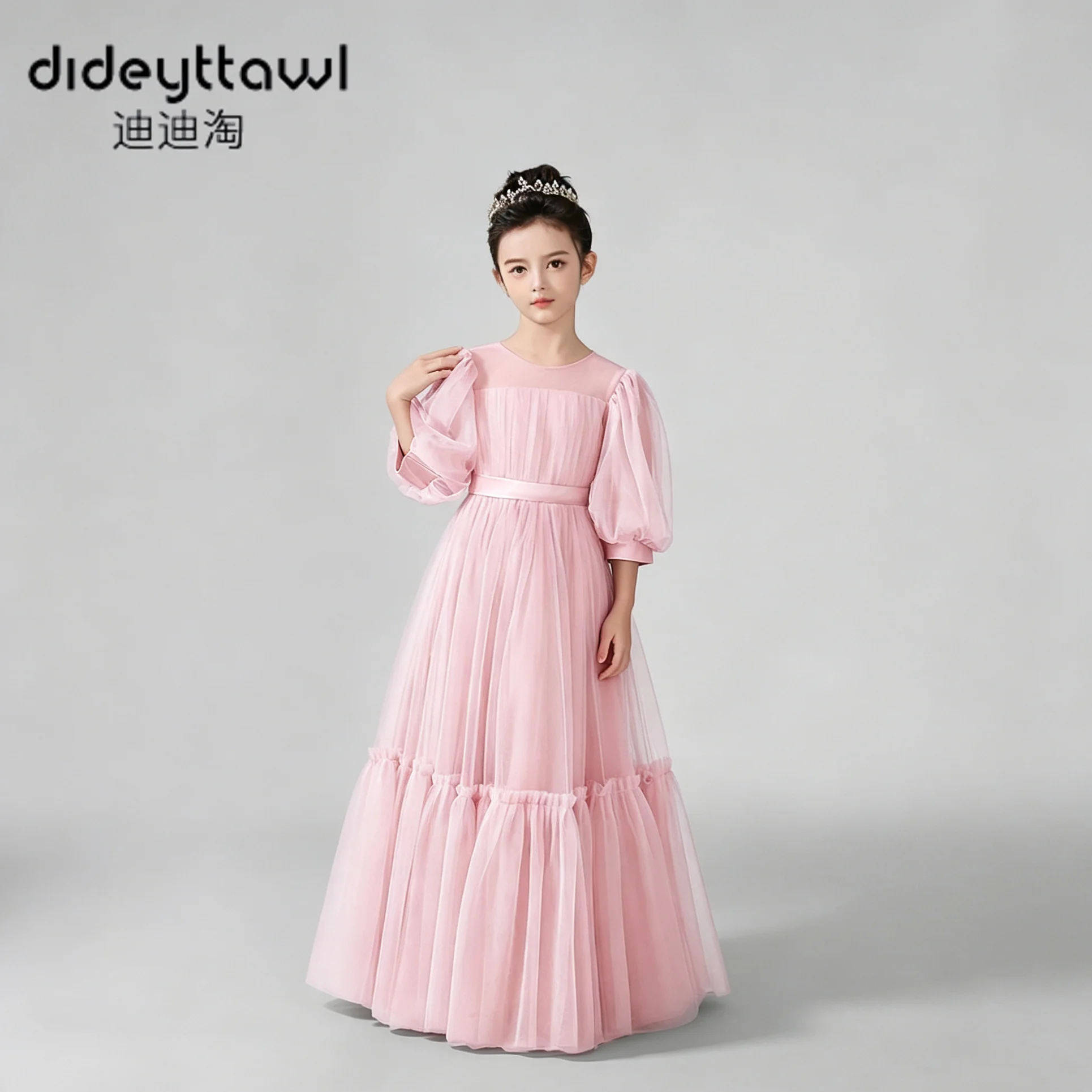 Dideyttawl Flower Girl Dress Puff 3/4 Sleeve Tulle Long Maxi Gown With Back Bow Multi Colors Kids Formal Evening Party Birthday