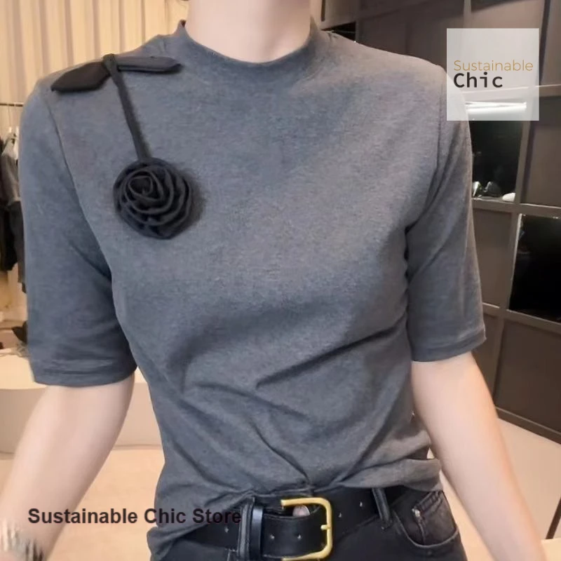 

Korean style advanced temperament sleeve rose round neck T-shirt women's spring and autumn new fashion Joker bottoming shirt