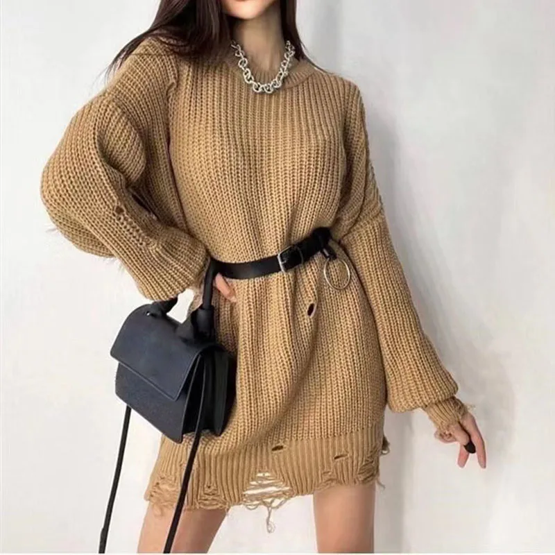 Women Ripped Hole Knit Dress Autumn Winter Long Sleeve Mini Sweater Dresses Casual Loose Oversize Knitted Short Dresses