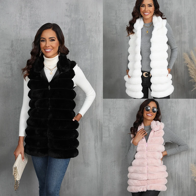 

New Autumn Winter Faux Fur Vest Coats Sleeveless Jacket Women's Medium Long Vest Slim Fit Zipper Fluffy Thick Warm Pink Outwear