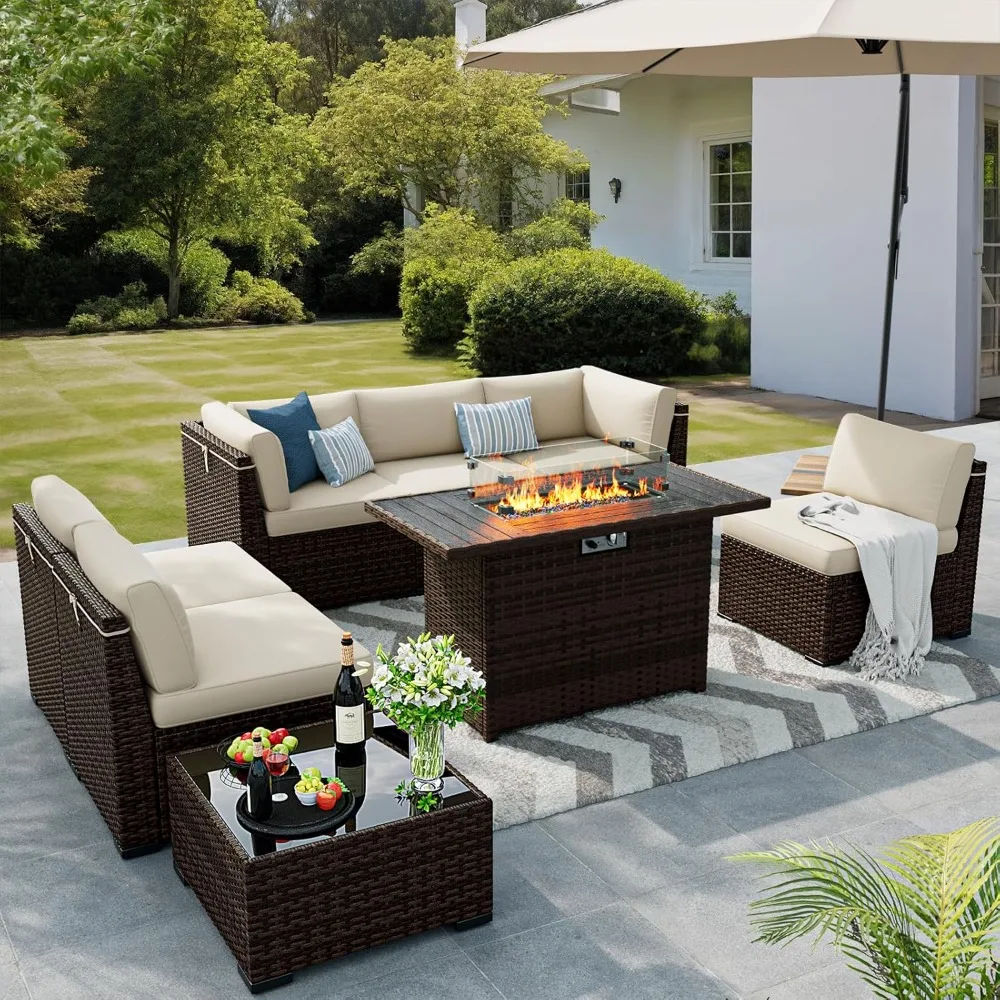 

8 Pieces Outdoor Patio Furniture Set with 44" Fire Pit Table Rattan Sectional Conversation Sets w/Gas Fire Pit, Coffee Table, 2