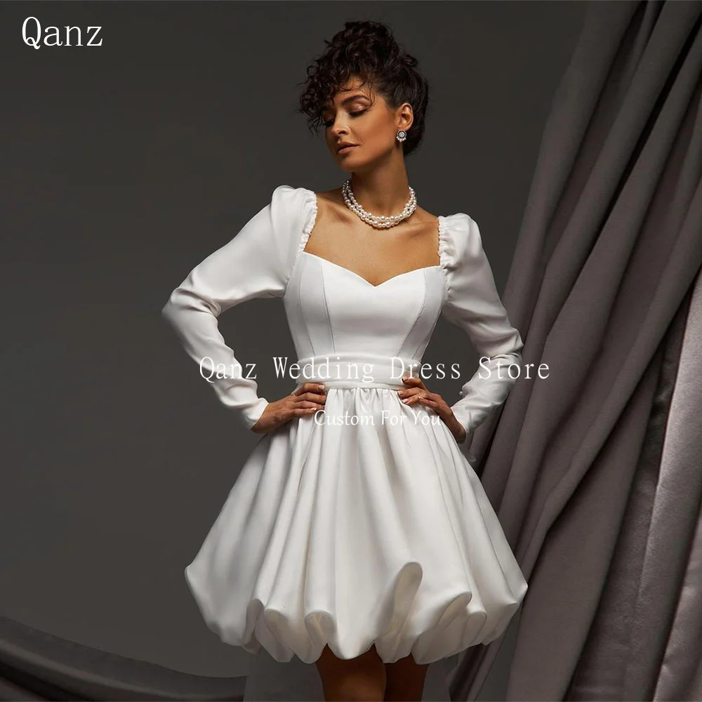 Qanz Simple Mini Ball Gown Strapless Wedding Dress Customized Open Back Lace Up Pleated Bow Long Sleeves Boho Short Bride Gown