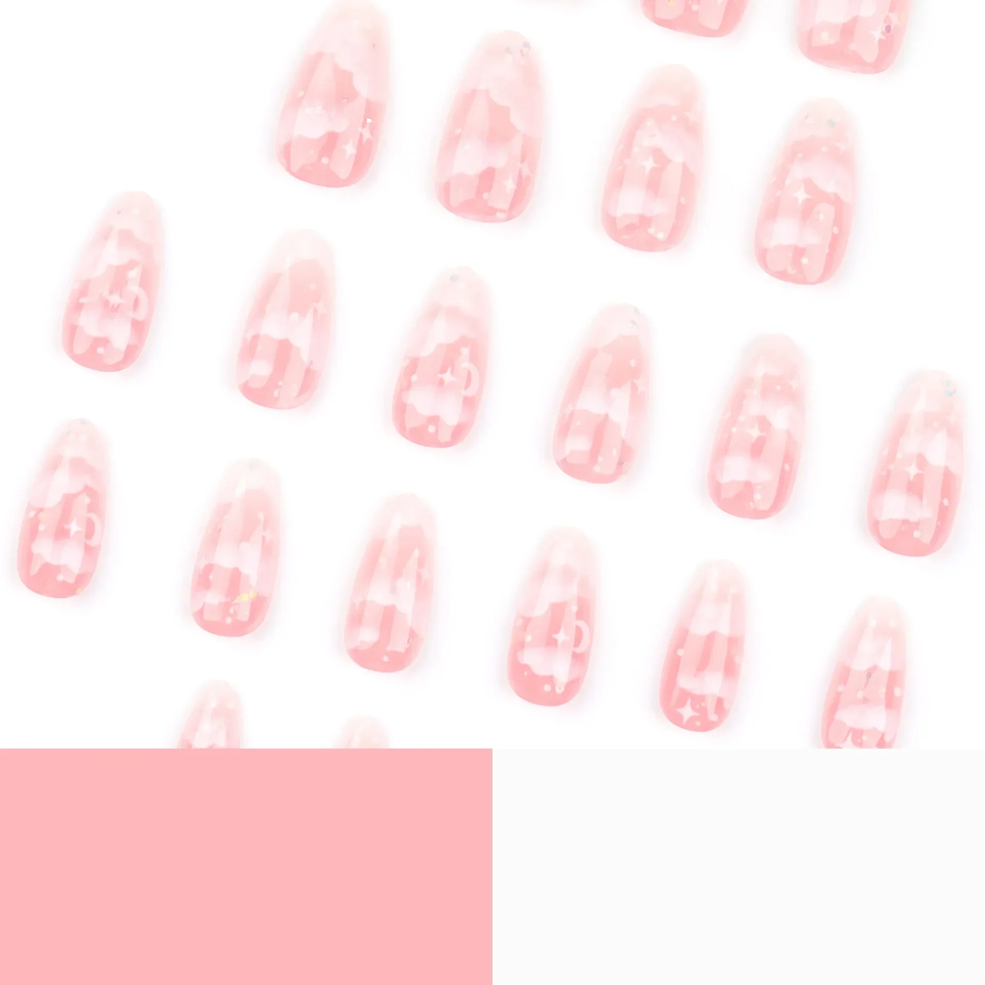 24Pcs Pink Cloud Sweet Star Moon Acrylic Nails Press on Almond Wearable Full Cover False Nails Art Tips Fingernail Beauty